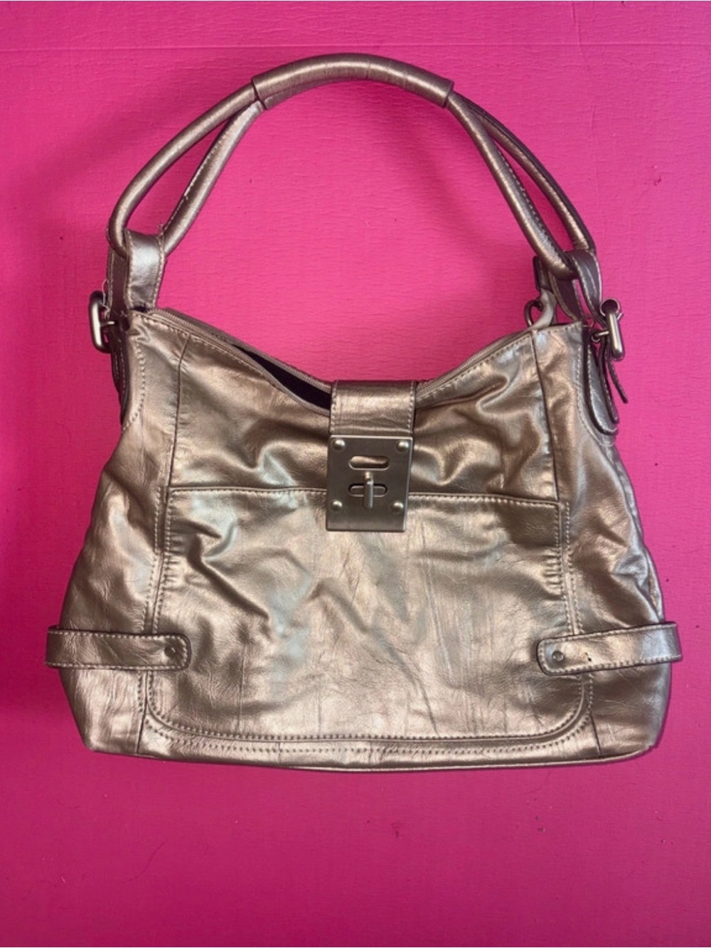 Metallic Bronze Shoulder Bag with Front Turn-Lock Detail